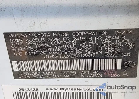 2014 Lexus Is 250 z USA, uszkodzony, nr VIN JTHCF1D24E5013632